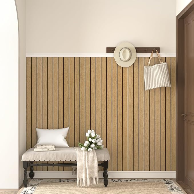 Wallercity Brown 3D Peel and Stick Wall Panels Wood Grain Textured Wall Slat Panel Self Adhesive Waterproof Plank Wallpaper for Kitchen Bathroom Soundproof Wooden Slatted Panels for Rooms 11.7''x197''