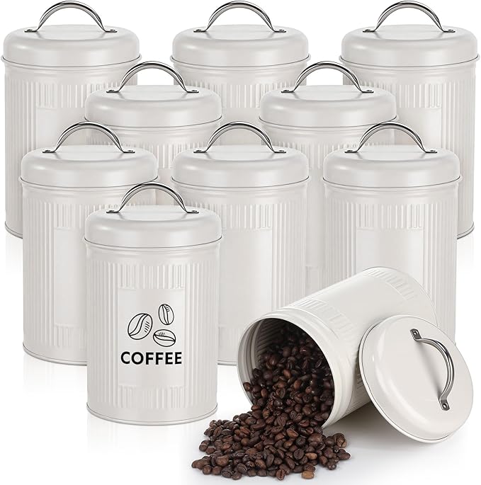 LemonRoad 10 Pack Kitchen Canisters Set Large 48oz Airtight Metal Food Storage Jars with Lids Vintage Farmhouse Coffee Canister Rustic White Pantry Decor for Coffee, Tea, Sugar, Flour, Cookies & Snack
