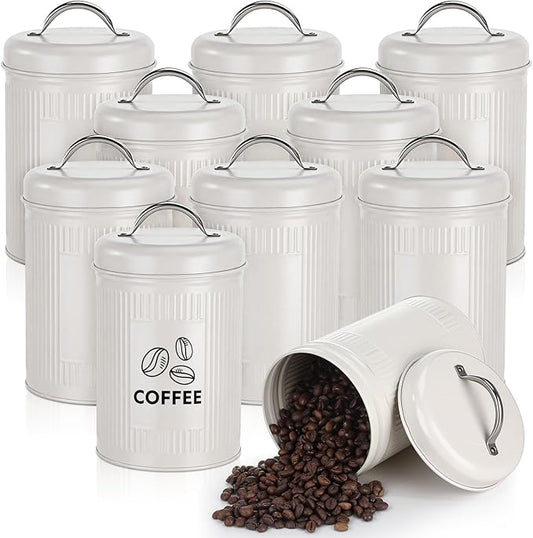 LemonRoad 10 Pack Kitchen Canisters Set Large 48oz Airtight Metal Food Storage Jars with Lids Vintage Farmhouse Coffee Canister Rustic White Pantry Decor for Coffee, Tea, Sugar, Flour, Cookies & Snack