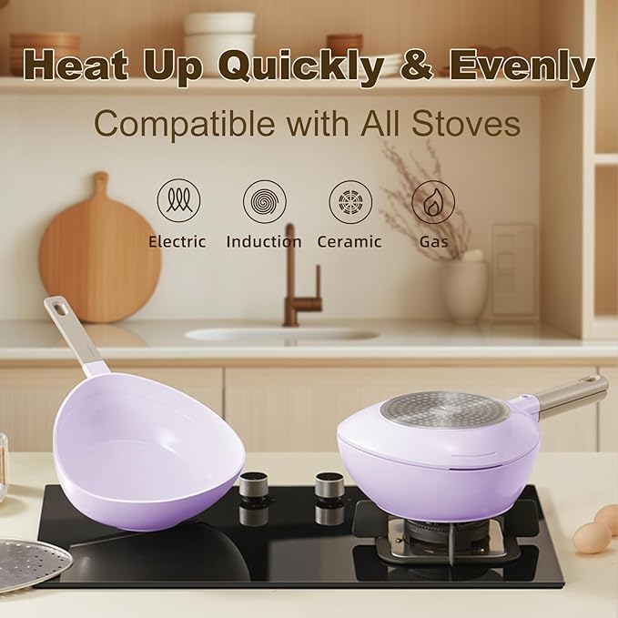 3-in-1 Ceramic Saucepan with Skillet Lid & Steamer, 2QT Nonstick Sauce Pan Features Dual Strainers, Space-Saving Nesting, All Stove & Dishwasher Safe