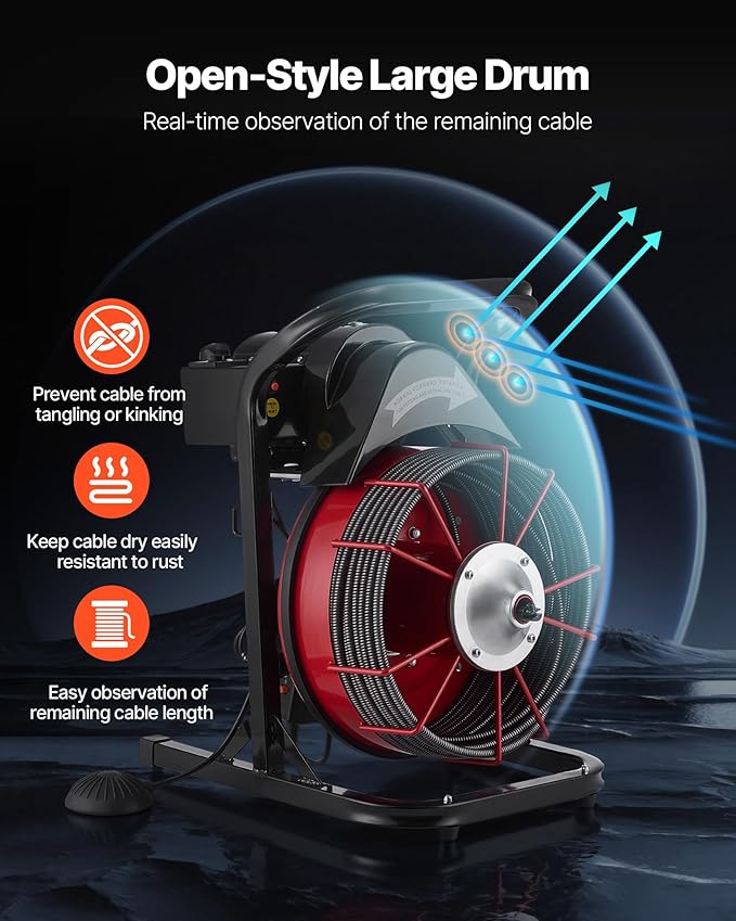 VEVOR Drain Cleaner Machine 50 FT x 1/2 Inch, Sewer Snake Auger Manual Feed with 4 Cutters & Air-activated Foot Switch for 2" to 6" Pipes
