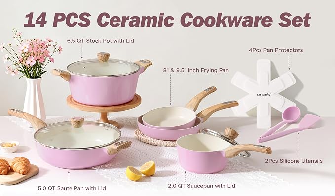 SENSARTE Ceramic Pots and Pans Set Nonstick, Kitchen Cookware Sets, 14-Piece Induction Cookware, Non-toxic Healthy Non Stick Cooking Set, with Frying Pans Set, PFAS PTFE PFOA PFOS Free