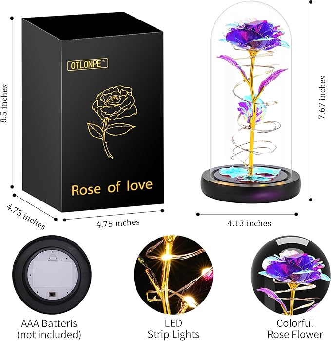Otlonpe Preserved Forever Mothers Day Flower Gifts for Mom, Glass Light Up Rose Gifts for Women Grandma Girlfriend Wife Sister Her, Valentines Mothers Day Christmas Birthday Womens Gift (Purple)