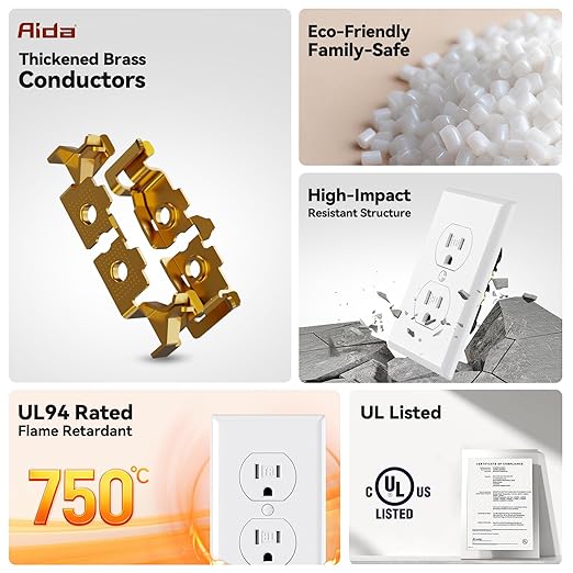 AIDA 10 Pack White Standard Duplex Electrical Wall Receptacle Outlet, 15A 125V, 2 Pole 3 Wire, Tamper Resistant, NEMA 5-15R, Self-Grounding, Wall Plate Included, UL Listed