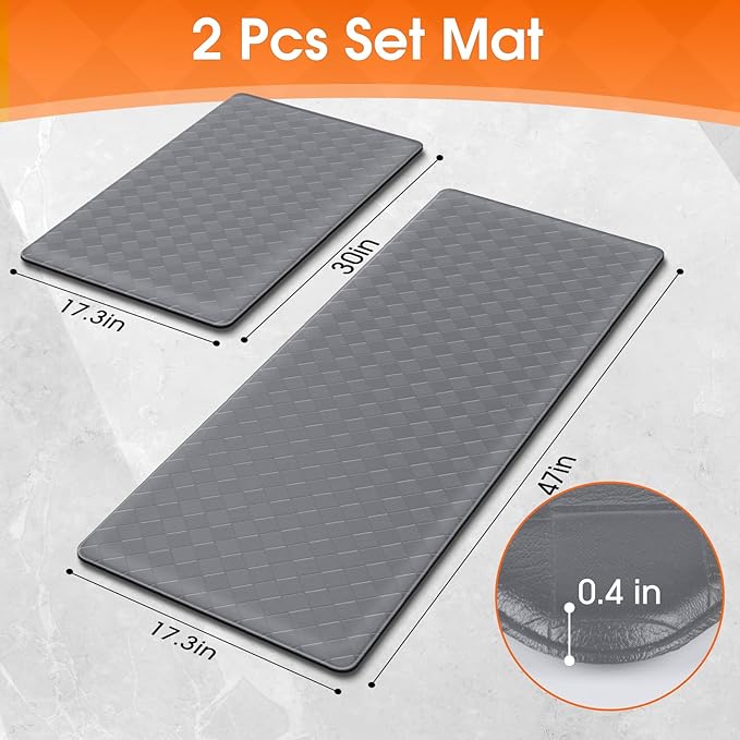 TranquilRelax Kitchen Mats, 2PCS Kitchen Rugs, Cushioned Anti Fatigue Kitchen Mats for Floor, Non-Slip Standing Sink Mat, Waterproof Kitchen Rug Set for Kitchen Floor Office,17.3"×30"+17.3"×47" Grey