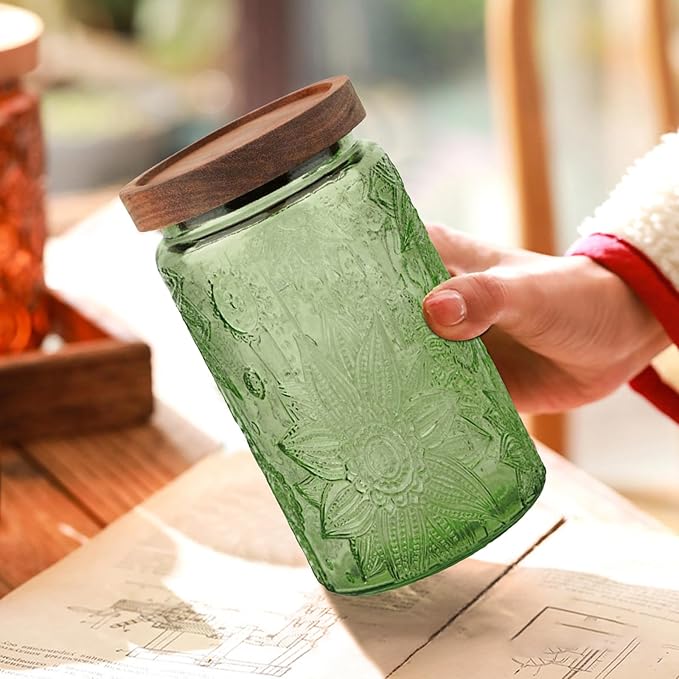 Glass Jar with Lid, Vintage Glass Storage Jars with Airtight Lid Coffee Canister Sugar Container for Kitchen Counter Pantry, Spice, Candy, Coffee Beans, Tea, Oats (34FL OZ Sunflower Green)