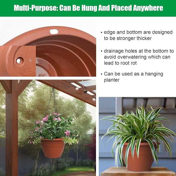 RooTrimmer 5 Pack 10 Inch Plant Pots Lightweight Planters with Drainage Holes,Durable Indoor & Outdoor Flower Pots for Garden,Patio & Home Decor(Pottery Red)