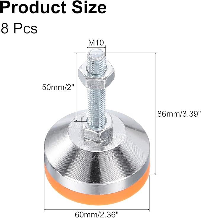 uxcell 8 Pack Adjustable Heavy Duty Leveling Feet, 60mm/2.36" Dia Base M10 x 50mm Thread Anti-Slip Shock-Absorbing Furniture Leveler Legs for Workbench, Machine, Cabinet