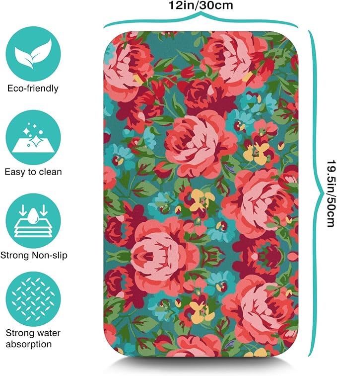 Floral Kitchen Counter Mat, 12 x 19.5 inches, Non-Slip Backing, Fast Drying, Pink Roses on Teal