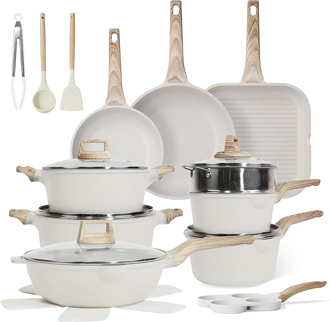 23Pcs Pots and Pans Set Non Stick, Kitchen Cookware Sets, Granite Induction Cookware Non Stick Cooking Set w/Frying Pans, Saucepans, Griddle, EggPan (White)