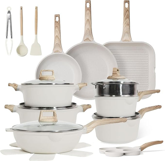 23Pcs Pots and Pans Set Non Stick, Kitchen Cookware Sets, Granite Induction Cookware Non Stick Cooking Set w/Frying Pans, Saucepans, Griddle, EggPan (White)