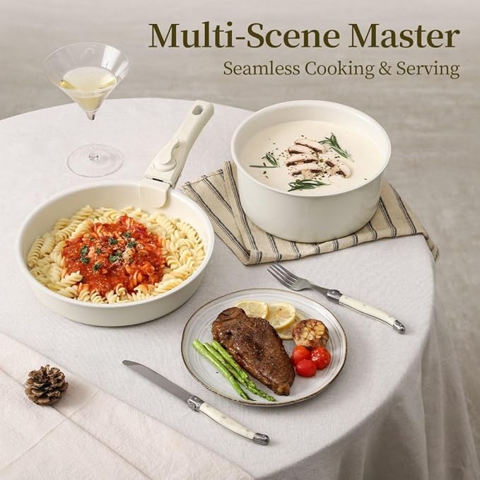 Pots and Pans Sets Non Stick，6PCS Ceramic Cookware Sets Nonstick Detachable Handle，Induction hob Pans(beige)