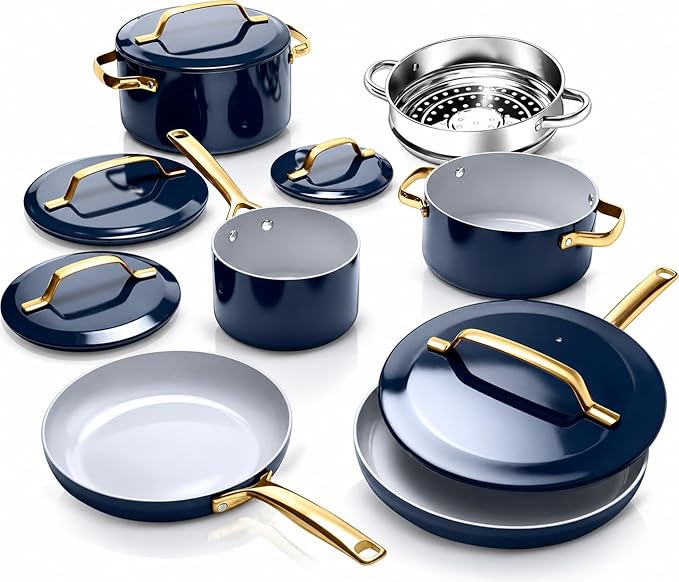 Gotham Steel Modern 11 Pc Ceramic Cookware Set, Elegantly Designed Pots and Pans Set Non Stick with Steamer, Induction Bottom, Premium Stay Cool Handles, Non Toxic PFOA Free, Oven & Dishwasher Safe