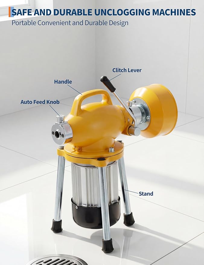 Electric Sewer Snake Drain Auger, Drain Cleaner Machine with 66FT x 5/8" & 16FT x 3/5" Steel Cables, 6 Cutters, 500w Power Auto Feed Pipe Snake for 1.6"-4" 500 w 400 RPM for Sink Toilet Drainage