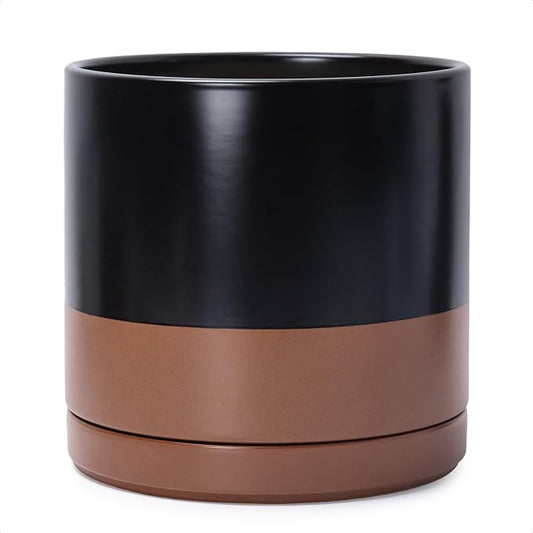 D'vine Dev 12 Inch Ceramic Planter Pot, Black/Tan, 94-O-F-7 | Modern Cylinder Design, Drainage Hole & Saucer Included, Stable Structure, Elegant Home Accent
