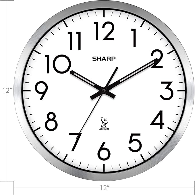 Sharp Atomic Analog Wall Clock - 12" Silver Brushed Finish Sets Automatically- Battery Operated Easy to Read Use: Simple, Style fits Any Decor