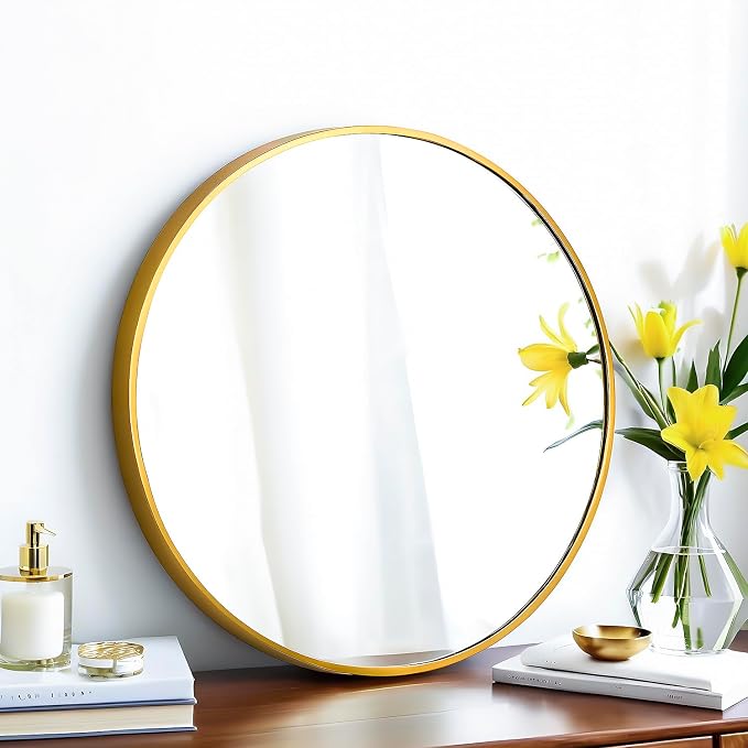 SCWF-GZ 20" Round Mirror Circle Wall Mounted Hanging or Against Wall Metal Frame Dressing Make-up Mirrors for Entryway Bedroom Bathroom Living Room 20 inch Gold