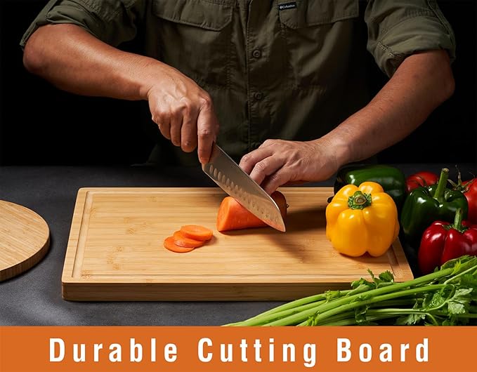Allsum Large Bamboo Wood Cutting Boards for Kitchen, 1" Extra Thick Butcher Block with Juice Grooves & Handles Resisting to Warping and Cracking, Fancy Charcuterie Boards, 17"L x 12.5"W