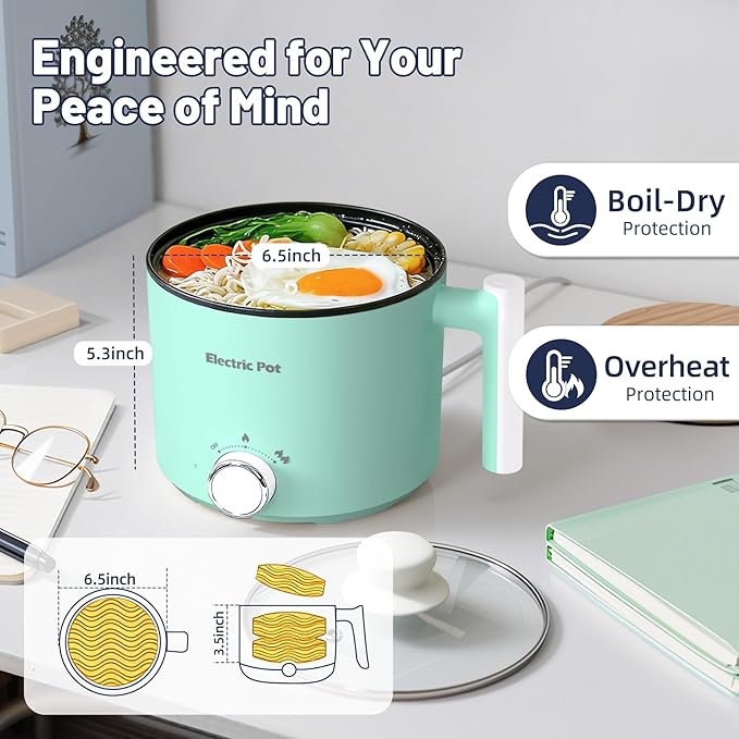 Electric Hot Pot :1.5L Mini Ramen Cooker with Overheat & Boil-Dry Protection, Suitable for Noodles, Soup, Oatmeal, College Dorm Office Travel Essentials (Green, 1.5L)
