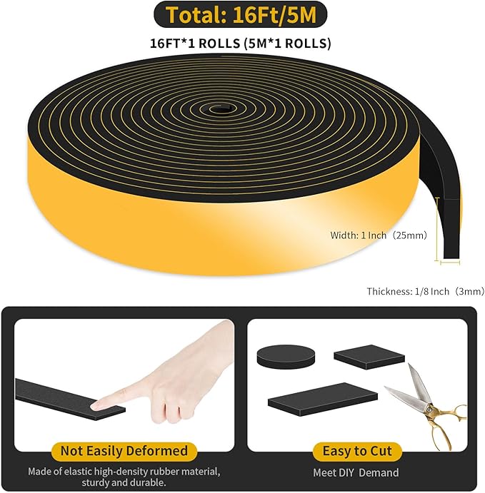 Weather Stripping Door Seal,Weather Stripping,Soundproof,Cold Insulation,High Density CR Foam Insulation Tape for Door, Front Door Frame, Windows,Sliding Door (Black, 1 in x 1/8 in x 32 Ft)