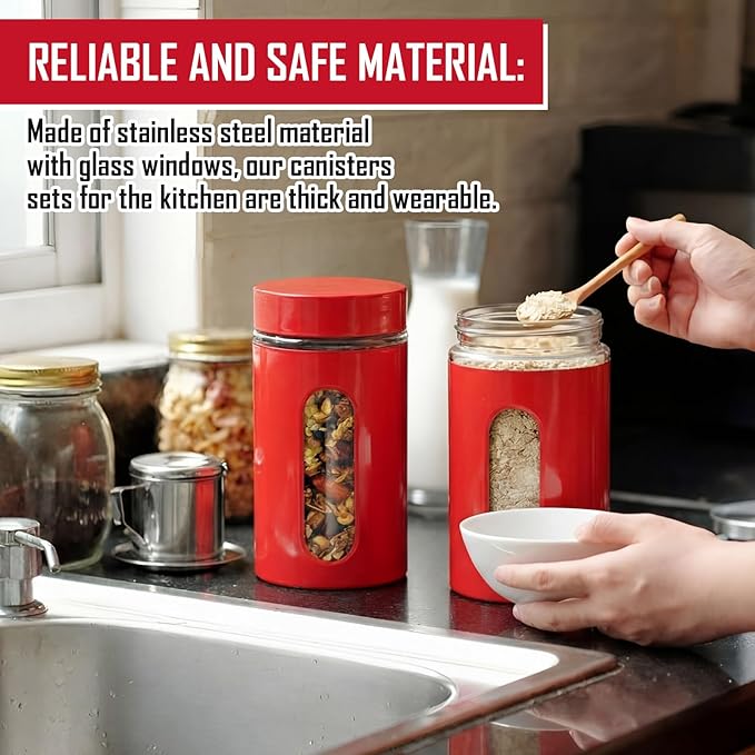 Patelai 6 Pack Kitchen Canisters Set 20 oz Airtight Stainless Steel Canister Food Storage Container with Window Glass, Coffee Sugar Candy Jars Tea Organizer for Flour Cookies Spice (Red,32 oz)