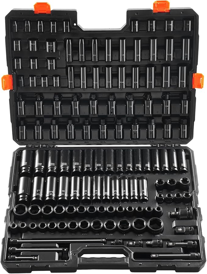 VEVOR Impact Socket Set 130 Piece 3/8" & 1/2" - SAE & Metric Drive Socket Set - 6 Point Cr-Mo Alloy Steel for Auto Repair - Easy-to-Read Size Markings - Includes Storage Case