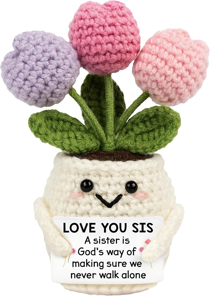 Sister Gifts from Sisters - Funny Mothers Day, Birthday Gifts for Big Little Soul Sisters - 5.51'' x 4.13'' Knitted Inspirational Positive Tulip Flowers Sister Crochet Doll