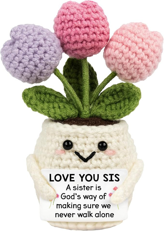 Sister Gifts from Sisters - Funny Mothers Day, Birthday Gifts for Big Little Soul Sisters - 5.51'' x 4.13'' Knitted Inspirational Positive Tulip Flowers Sister Crochet Doll