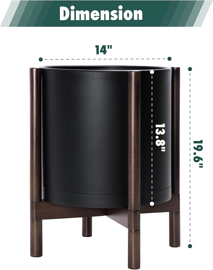 D'vine Dev Plastic Pot with Walnut Wood Stand, Black, 14 in, 55-C-R-2 | Mid-Century Inspired Design, Elevated Plant Display, Clean Lines, Sturdy Support, Modern Space-Saving Style
