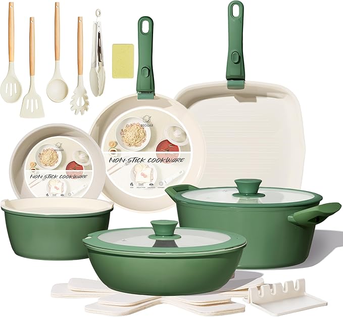 BECIGAR 23pcs Ceramic Pots and Pans Set, Nonstick Detachable Handle Cookware, Induction Kitchen Cooking Set with Removable Handle,include Frying Pans & Saucepans Oven Safe(Green)