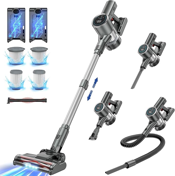 Cordless Vacuum Cleaner with 2 Batteries, 500W 45Kpa Lightweight Stick Vacuum Cleaners for Home with LED Display, Brushless Motor, Anti-Tangle, for Carpet & Hard Floor & Pet Hair (Grey)