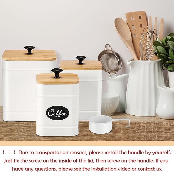 Tioncy Kitchen Canisters for Countertop Set of 3 Metal Canisters Sets with Bamboo Lids Spoon Airtight High Capacity Coffee Tea Sugar Flour Jars with DIY Labels Farmhouse Food Storage(White,XL,L,M)