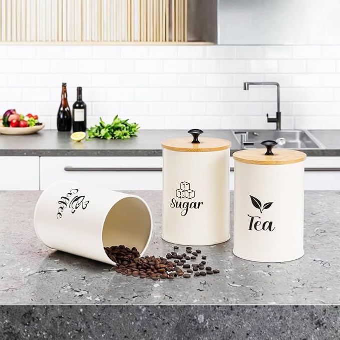 3 Pack Kitchen Canisters with Bamboo Lids, Metal Canister Set for the Kitchen Counter, Airtight Coffee Container Tea Organizer & Sugar Canister, Rustic Kitchen Decor Containers-Beige