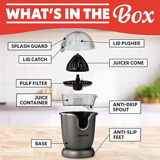 Gourmia Citrus Juicer - Automatic Juicer with 17 oz Capacity, One-Touch Operation, Universal Cone, Anti-Drip Spout, Dishwasher-Safe Accessories, Compact Quiet 60W Motor