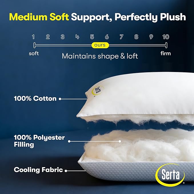 Serta Cooling Down Alternative Bed Pillows Queen Size Set of 2, Reversible Cooling & Cotton Fabric, Medium Firm, Breathable Support for Hot, Side, Back & Stomach Sleepers, 20" x 28"