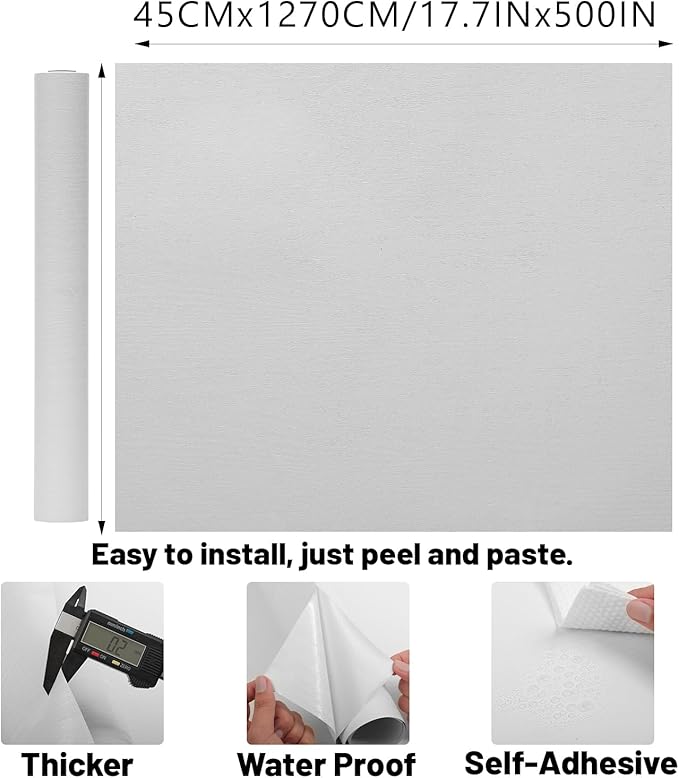 Peel and Stick Wallpaper White Wood Wall Paper - 17.5 x 500 Inch Self Adhesive Wallpaper Peel and Stick, Easy to Paste Wall Contact Paper for Stand Liner, Table and Door Makeover Decor