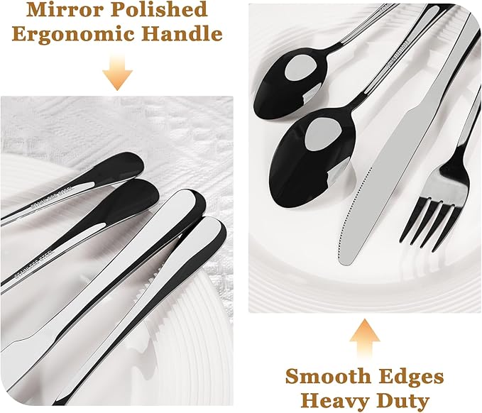 Astercook 24-Piece Black Silverware Set with Steak Knives Flatware Set for 4 Food-Grade Stainless Steel Cutlery Set Mirror Polished Utensils Set Include Spoons and Forks for Home Gifts for Women