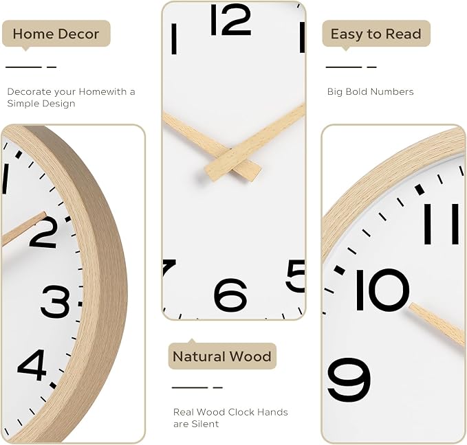 AKCISOT 12 Inch Wall Clock, Battery Operated Analog Clock, Silent Non-Ticking, Ideal for Bedroom, Bathroom, Kitchen, Office and School, Natural