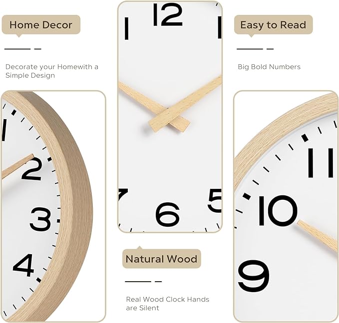 AKCISOT 14 Inch Wall Clock, Battery Operated Analog Clock, Silent Non-Ticking, Ideal for Bedroom, Bathroom, Kitchen, Office and School, Natural