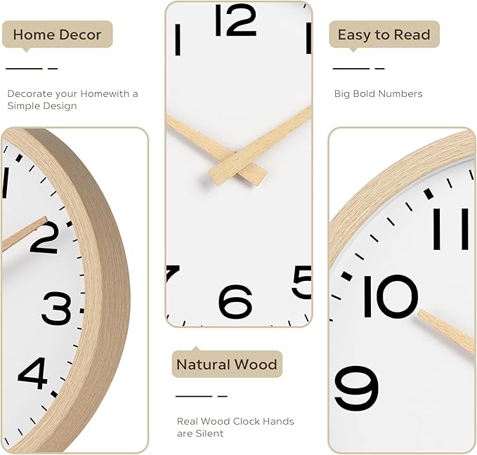 AKCISOT 10 Inch Wall Clock, Battery Operated Analog Clock, Silent Non-Ticking, Ideal for Bedroom, Bathroom, Kitchen, Office and School, Natural