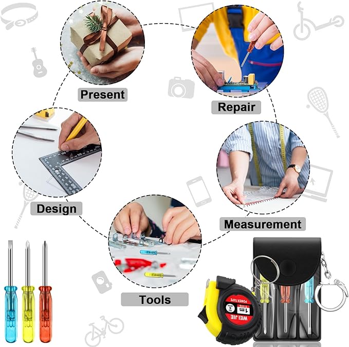 Jutom 96 Pcs Mini Tape Measure Keychain Bulk Mini Screwdriver Keychain Set Adult Tool Party Prize for Father's Men Gifts