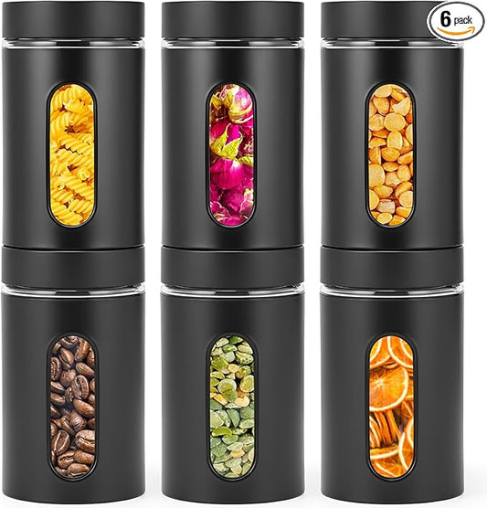 Patelai 6 Pack Kitchen Canisters Set Airtight Stainless Steel Canister Food Storage Container with Window Glass, Coffee Sugar Candy Jars Tea Organizer for Flour Cookies Spice (Black,32 oz)