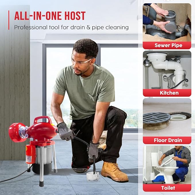Drain Cleaner Machine 40FT, 350W 2 Cables, Electric Drain Auger for 3/4" to 4" Pipes, Electric Drain Auger with 6 Cutters for Toilet, Sewer, Bathroom, Sink and Shower
