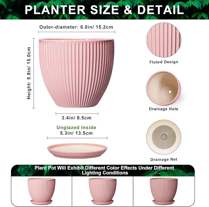 6 Inch Flower Pots, Ceramic Pots for Plants Indoor, Modern Plant Pot with Drainage Hole and Saucer, Decorative Small Round Succulent Planter, Living Room Office Decor, Women Men Gifts, Pink