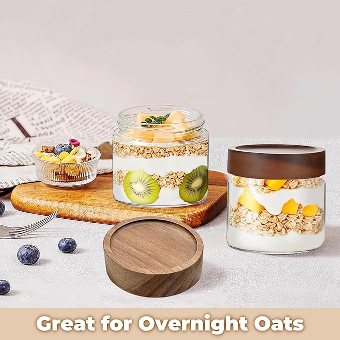Set of 2 Glass Food Storage Jars, Premium Clear Glass Container Jar with Airtight Wooden Screw-on Lid, Kitchen Canisters for Coffee,Tea,Pasta,Cookies, Nuts,Spice,Candy,Overnight Oatmeal