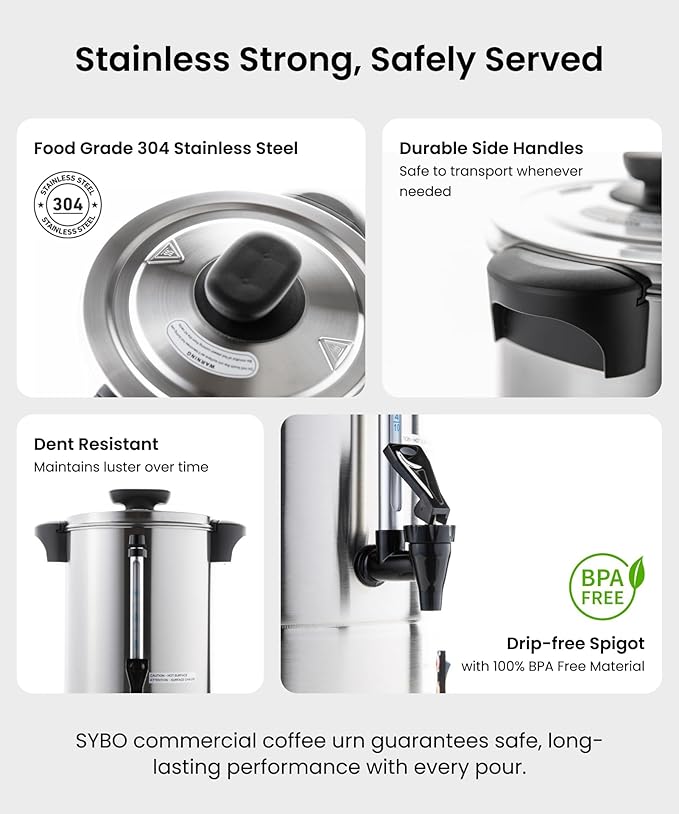 SYBO SR-CP Commercial Grade Stainless Steel Percolate Coffee Maker Hot Water Urn for Catering, 120-Cup 18 L, Metallic