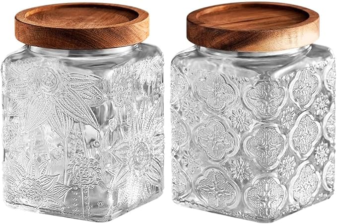 Glass Jar with Lid, Vintage Glass Storage Jars with Airtight Lid Coffee Canister Sugar Container for Kitchen Counter Pantry, Flour, Candy, Tea, Coffee Beans, Oats (Begonia Sunflower Square)