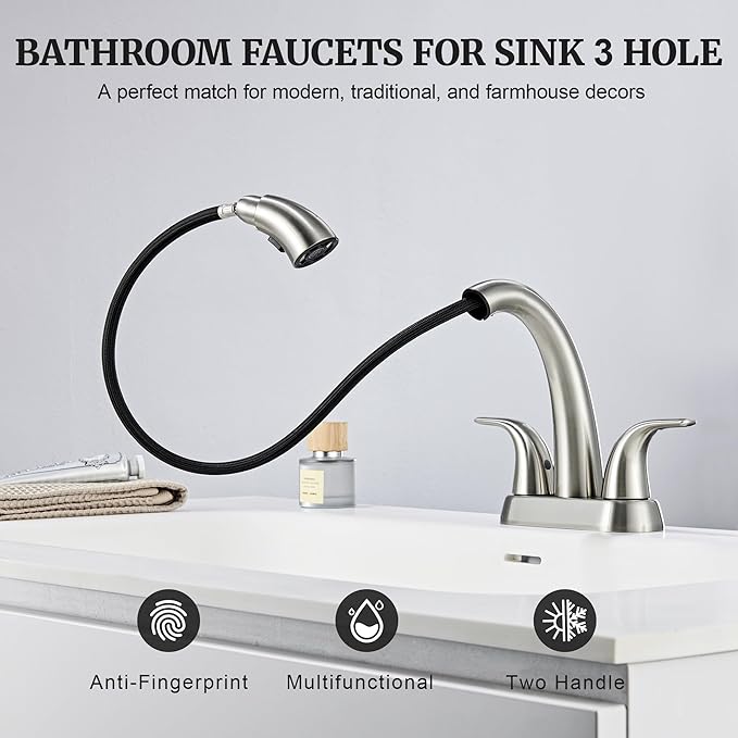 Ultimate Unicorn Pull Down Bathroom Sink Faucet - Anti-Splash Brushed Nickel 4 Inch Centerset Vanity Faucets 3 Hole with Pop Up Drain, Two Handle Modern Washbasin Tap Set with Sprayer for Rv Restroom
