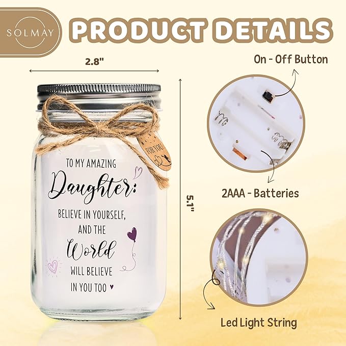 SOLMAY Unique Daughter Gifts from Mom, Mother Daughters Gift & Birthday Gifts for Daughter Adult, Easter Gift for Daughters, Mason Jar Light Keepsake