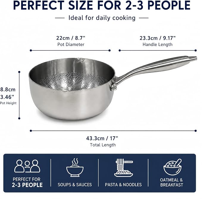 Titanium Saucepan with Lid, No Coating Non-Stick Titanium Pot（2.5 QT) | 500°F Heat Resistant, Fast & Even Heating, Universal Induction Gas Electric Glass Halogen Cooktops, Dual-Pour Spouts Design